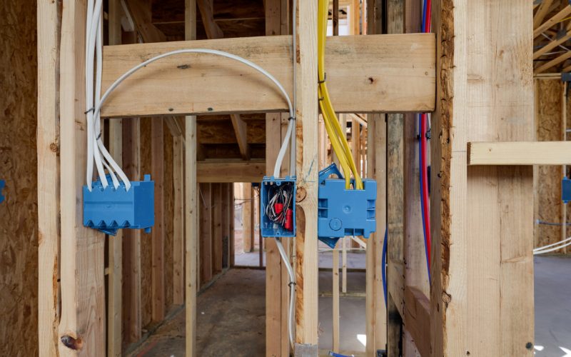 electrical components are seen in the frame of the house under constriction in a housing development.